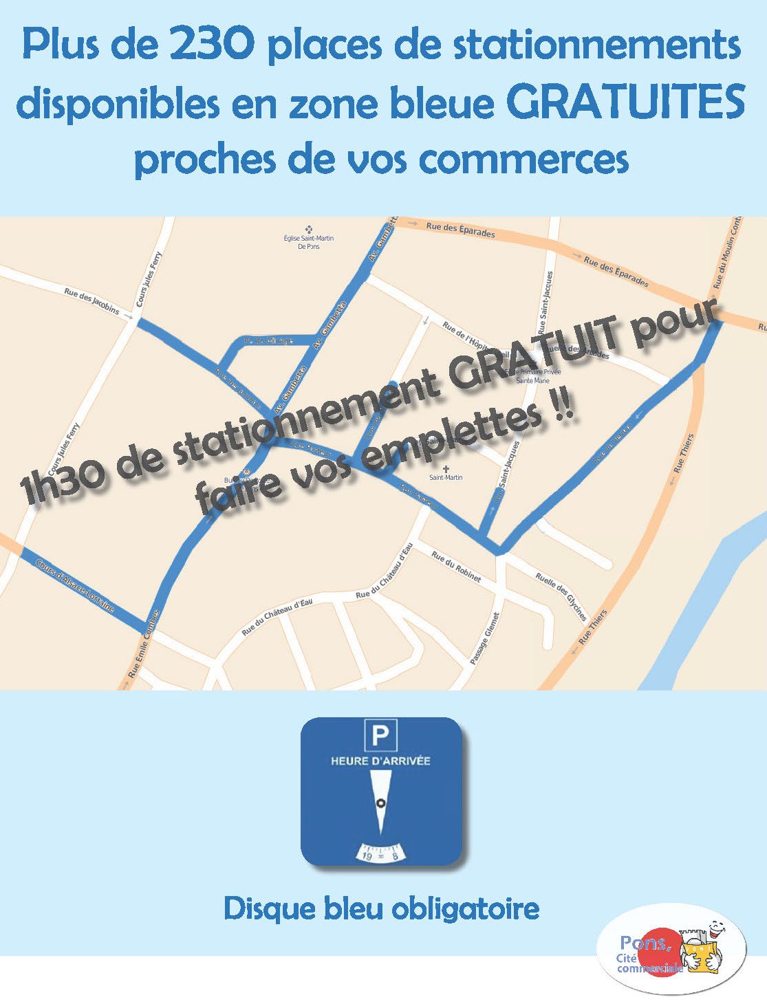 stationnement gratuit à Pons zone bleue